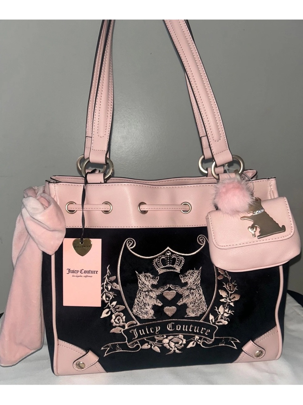 NEW! JUICY COUTURE Daydreamer New Love Chapter Velour Tote Black/Pink
